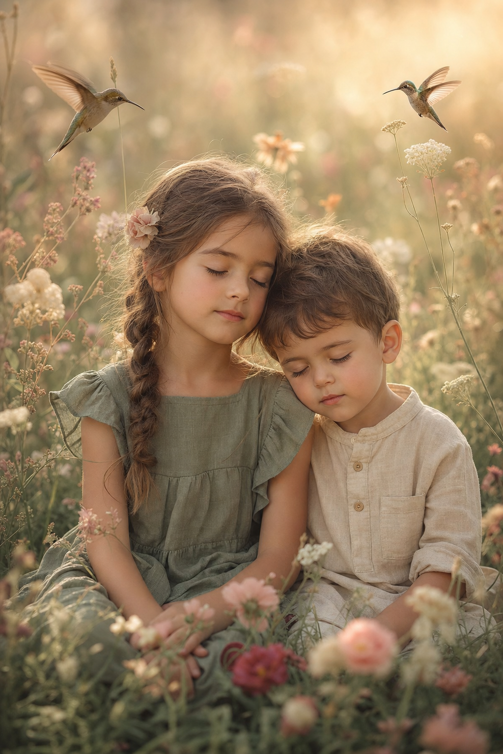 A young girl and her little brother sitting peacefully together in a sun-dappled meadow surrounded by hovering hummingbirds