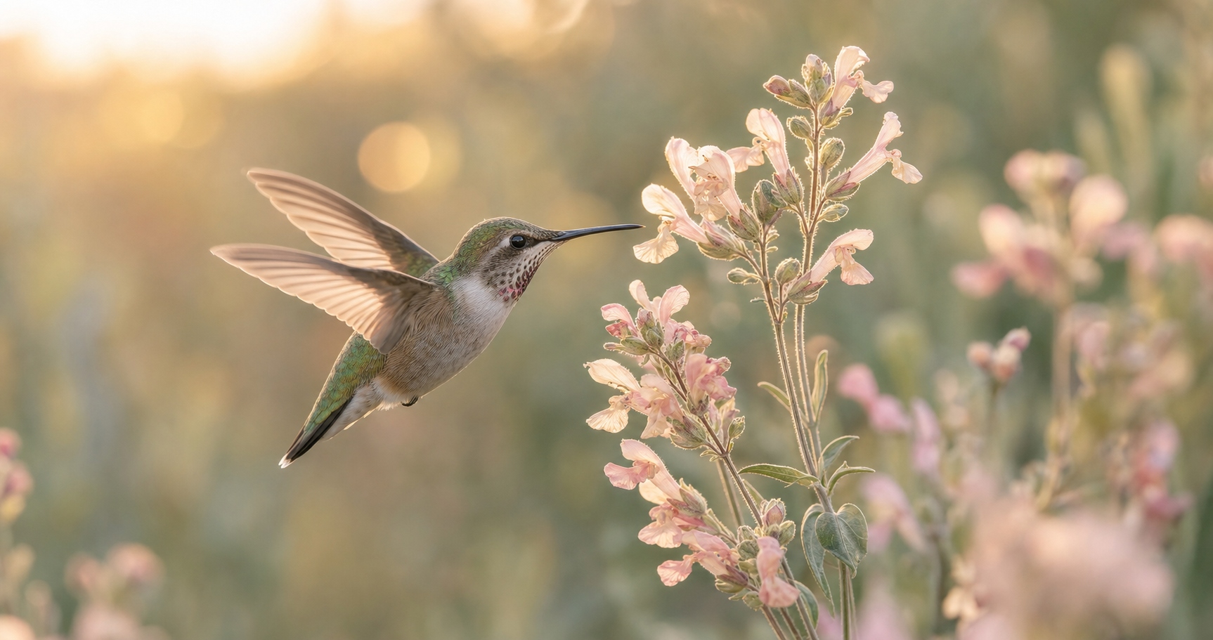 A hummingbird hovering near soft pink wildflowers in golden light