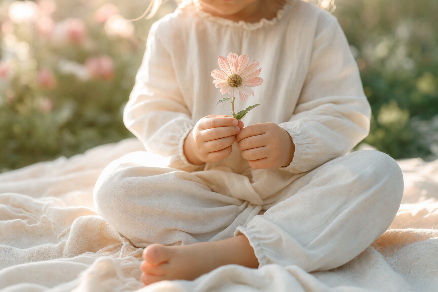 A young child sitting cross-legged on a blanket, holding a single wildflower in golden morning light