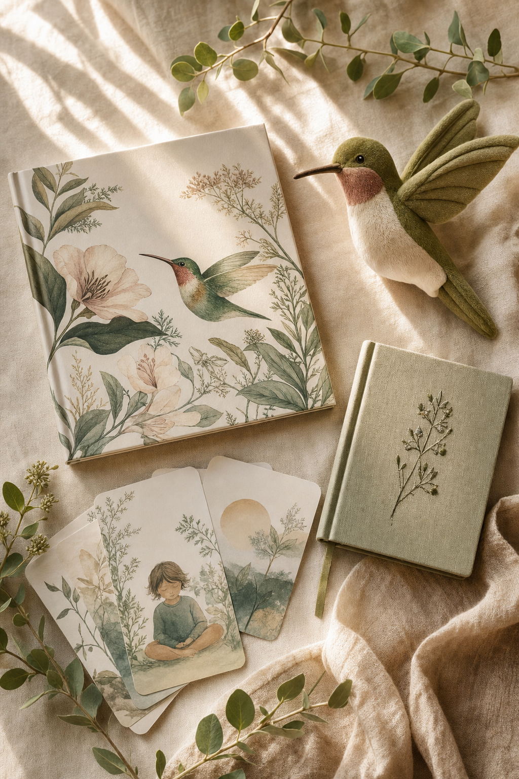 A beautiful flat lay of Hummingbird Whisper products: an illustrated book, plush hummingbird, velvet journal, and mindfulness cards