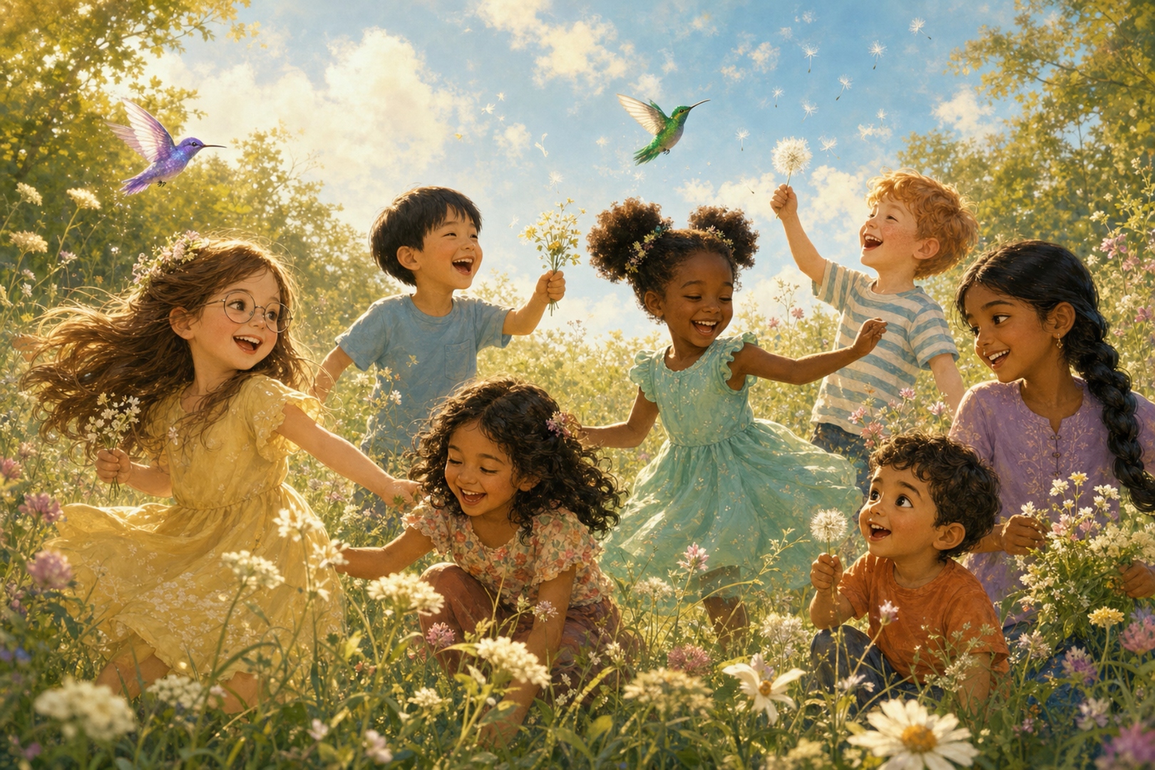 Seven children and two hummingbirds playing together in a sunlit meadow